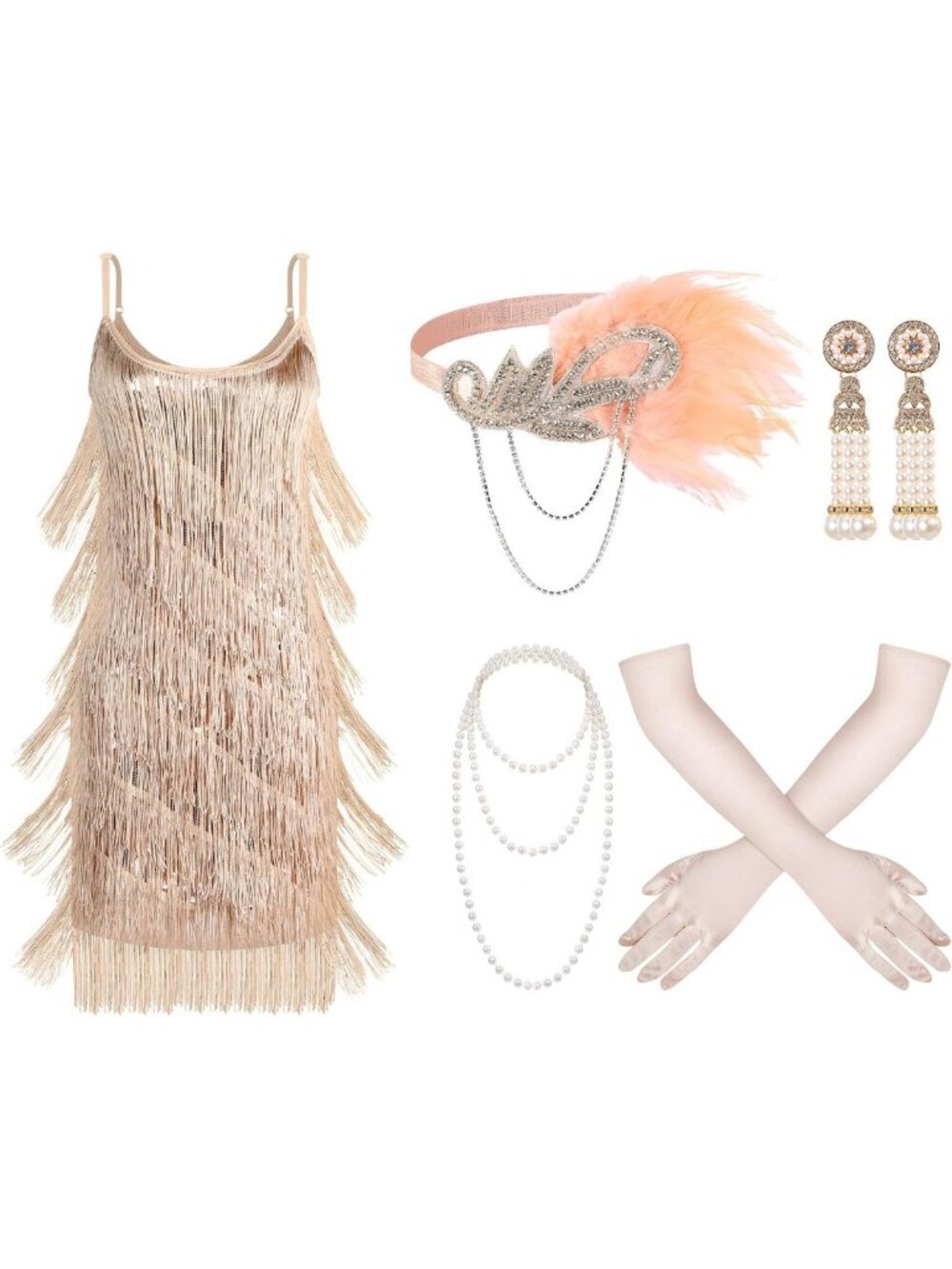 1920s Flapper Dress Costumes Set - 6 Pcs Accessories: Headband, Necklace